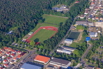 Aerial view of Stadium of SV Rülzheim 1920 eV in Rülzheim in the state Rhineland-Palatinate, Germany