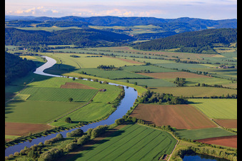 Course of the Weser to the north in Holzminden in the state Lower Saxony, Germany