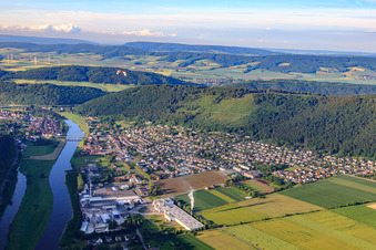 City view on the banks of the Weser from the south in Bodenwerder in the state Lower Saxony, Germany