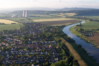 Aerial photograpy of Building remains of the reactor units and facilities of the NPP nuclear power plant Kernkraftwerk Grohnde on Weser in Emmerthal in the state Lower Saxony, Germany
