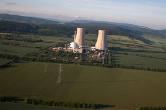 Cooling towers of the nuclear power plant Grohnde in the district Grohnde in Emmerthal in the state Lower Saxony, Germany from above
