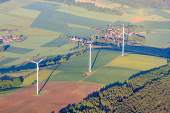 Aerial photograpy of Kugelberg Hohe wind farm - Vestas V80-2MW in the district Brökeln in Hehlen in the state Lower Saxony, Germany