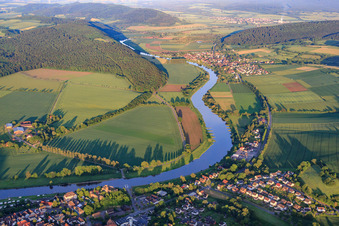 Aerial photograpy of Village on the banks of the Weser in Polle in the state Lower Saxony, Germany