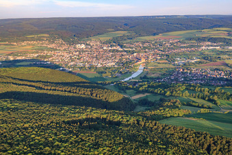 City view on the banks of the Weser from the north in Holzminden in the state Lower Saxony, Germany