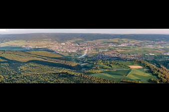 City panorama on the banks of the Weser from the north in Holzminden in the state Lower Saxony, Germany