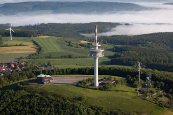 Aerial view of Telecommunication tower Köterberg and radio installation STOB791884 and STOB790269 on the Köterberg in the district Köterberg in Lügde in the state North Rhine-Westphalia, Germany