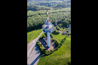 Aerial view of Radio tower and transmitter on the crest of the mountain range Koeterberg in Luegde in the state North Rhine-Westphalia, Germany