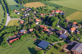Aerial view of Village view from the southeast in the district Eilversen in Marienmünster in the state North Rhine-Westphalia, Germany