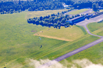 Aerial photograpy of Parachute field at the Höxter-Holzminden airfield (EDVI) in the district Albaxen in Höxter in the state North Rhine-Westphalia, Germany