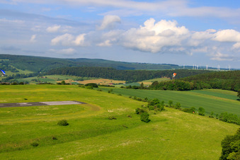 Parachute field at the Höxter-Holzminden airfield (EDVI) in the district Albaxen in Höxter in the state North Rhine-Westphalia, Germany from above