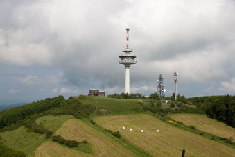 Oblique view of Telecommunication tower Köterberg and radio installation STOB791884 and STOB790269 on the Köterberg in the district Köterberg in Lügde in the state North Rhine-Westphalia, Germany