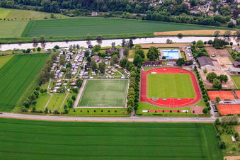 Sports center on the banks of the Weser with outdoor pool Höxter, Weserkampfbahn of the Phönix 95 Höxter, Wesercamping Höxter and Tennis Club Rot-Weiß Höxter in Höxter in the state North Rhine-Westphalia, Germany