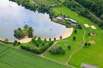 Aerial photograpy of Beach of Lake Godelheim in Höxter in the state North Rhine-Westphalia, Germany