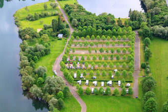 Motorhome parking space leisure facility Höxter-Godelheim on the Weser bank in Höxter in the state North Rhine-Westphalia, Germany