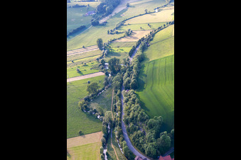 Aerial view of Course of the Nethe in the district Erkeln in Brakel in the state North Rhine-Westphalia, Germany