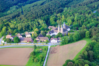 Building complex of the monastery abbey Marienmünster with abbey church of St. James the Elder in the district Münsterbrock in Marienmünster in the state North Rhine-Westphalia, Germany