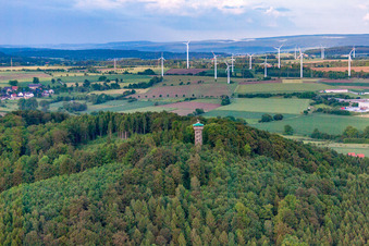 Hungerberg observation tower in front of the wind farm in the district Vörden in Marienmünster in the state North Rhine-Westphalia, Germany