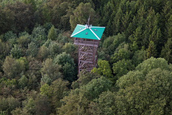Aerial view of Hungerberg observation tower in the district Vörden in Marienmünster in the state North Rhine-Westphalia, Germany
