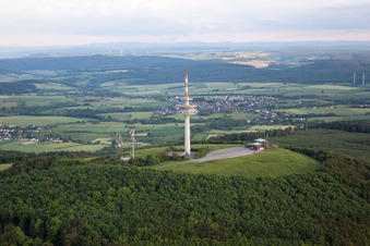 Telecommunication tower Köterberg and radio installation STOB791884 and STOB790269 on the Köterberg in the district Köterberg in Lügde in the state North Rhine-Westphalia, Germany from above
