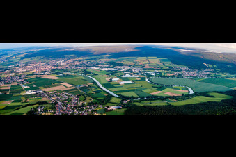 Panoramic perspective City view on the river bank of the Weser river in Holzminden in the state Lower Saxony, Germany