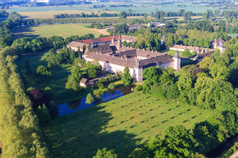 Aerial photograpy of UNESCO World Heritage Site Corvey Castle on the banks of the Weser with Remter Garden State Garden Show Höxter in Höxter in the state North Rhine-Westphalia, Germany