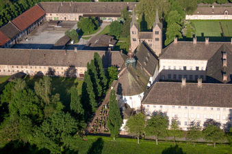 Aerial photograpy of Complex of buildings of the monastery Schloss/Kloster Corvey (UNESCO Weltkulturerbe) in Hoexter in the state North Rhine-Westphalia, Germany
