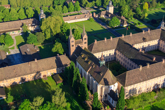 UNESCO World Heritage Site Corvey Castle on the banks of the Weser with Remter Garden State Garden Show Höxter in Höxter in the state North Rhine-Westphalia, Germany out of the air
