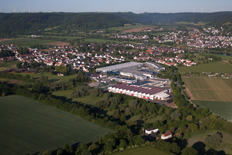 Aerial view of Town View of the streets and houses of the residential areas in Lauenfoerde in the state Lower Saxony