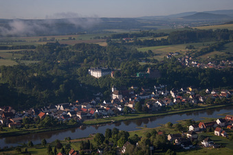 Village on the river bank areas of the Weser river in the district Herstelle in Beverungen in the state North Rhine-Westphalia, Germany