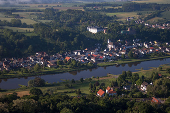 Aerial view of Benedictine Abbey of the Holy Cross Herstelle in the district Herstelle in Beverungen in the state North Rhine-Westphalia, Germany