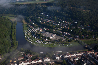 Aerial view of Camping with caravans and tents in the district Karlshafen in Bad Karlshafen in the state Hesse