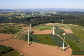 Aerial view of Wind farm Haarbrück-Wortberg in the district Haarbrück in Beverungen in the state North Rhine-Westphalia, Germany