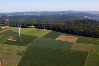 Aerial photograpy of Wind farm Haarbrück-Wortberg in the district Haarbrück in Beverungen in the state North Rhine-Westphalia, Germany