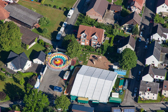 Aerial view of Participants of the Kirchweih Festival on the event concert grounds in the district Brenkhausen in Höxter in the state North Rhine-Westphalia, Germany