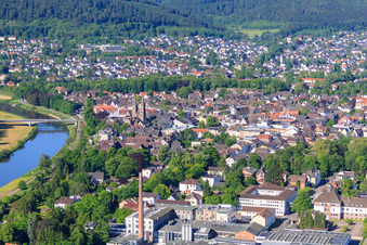 Weser riverbank and center with Kiliani Church in Höxter in the state North Rhine-Westphalia, Germany