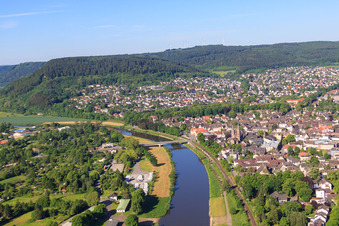 Weser Bridge and center with Kiliani Church in Höxter in the state North Rhine-Westphalia, Germany
