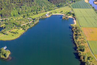 Beach of Lake Godelheim in Höxter in the state North Rhine-Westphalia, Germany from above