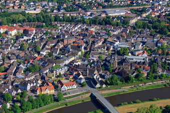 Weser Bridge and Kiliani Church in Höxter in the state North Rhine-Westphalia, Germany