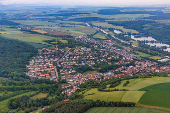 Aerial view of View from the northwest over the Main in Schonungen in the state Bavaria, Germany