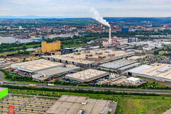 Hafenstraße / Röntgenstraße industrial area beyond the A70 with ZF Friedrichshafen South plant in the district Oberndorf in Schweinfurt in the state Bavaria, Germany