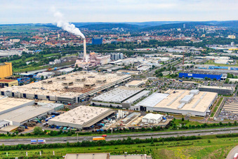Aerial photograpy of Hafenstraße / Röntgenstraße industrial area beyond the A70 with ZF Friedrichshafen South plant in the district Oberndorf in Schweinfurt in the state Bavaria, Germany