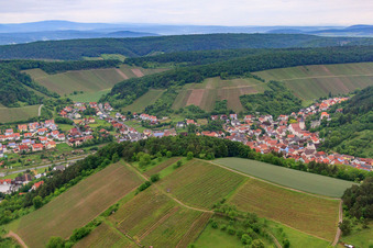 Aerial view of Vineyards around the wine-growing village in Ramsthal in the state Bavaria, Germany