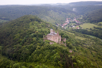 Aerial view of Ruins and vestiges of the former castle and fortress Trimburg in the district Trimberg in Elfershausen in the state Bavaria