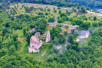 Aerial photograpy of Castle ruins of Homburg near Gössenheim in Gössenheim in the state Bavaria, Germany