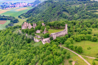 Castle ruins of Homburg near Gössenheim in Gössenheim in the state Bavaria, Germany seen from above