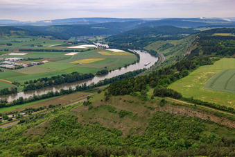 Aerial view of New mountain above the Main in the district Karlburg in Karlstadt am Main in the state Bavaria, Germany