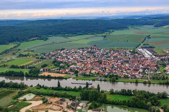 Aerial view of Village view from the east across the Main in the district Karlburg in Karlstadt am Main in the state Bavaria, Germany