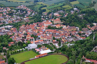 Aerial view of Sports field of the football club Arnstein 1920 eV in Arnstein in the state Bavaria, Germany