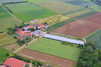 Aerial view of Hof Gut Rupperzaint natural agriculture GmbH & Co. KG in the district Gänheim in Arnstein in the state Bavaria, Germany