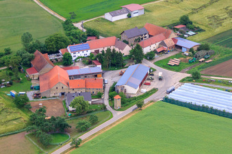 Aerial photograpy of Hof Gut Rupperzaint natural agriculture GmbH & Co. KG in the district Gänheim in Arnstein in the state Bavaria, Germany